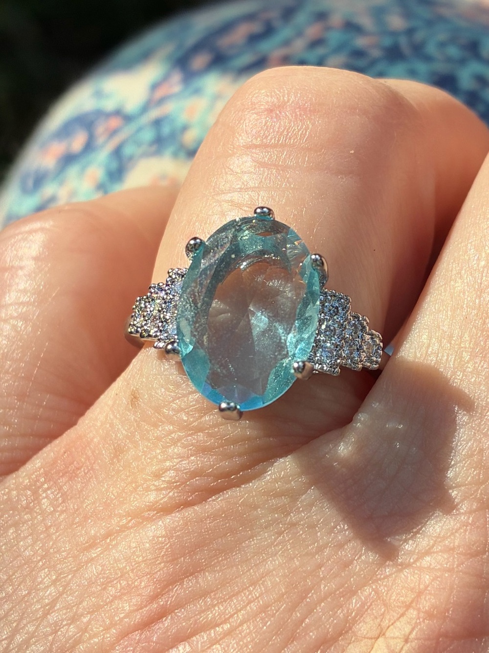 🐬 Aqua Oval Gemstone Ring with Pave Accents Silver-Tone